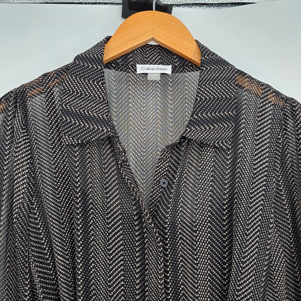 Calvin Klein Womens Black Tan Geometric Dot Chiffon High Low Shirt Dress 12 - Picture 5 of 11